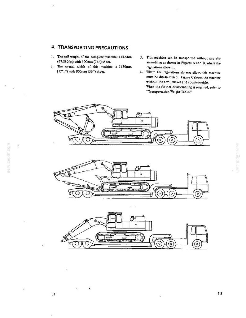 K&ouml;nnte beinhalten: Eine technische Zeichnung mit drei Konfigurationen f&uuml;r den Transport eines Baggers auf einem Tieflader. Der Text gibt ein Maschinengewicht von 44,4 Tonnen mit 900 mm breiten Kettenplatten und eine Gesamtbreite von 3650 mm f&uuml;r die Maschine an.