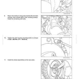 May include: Diagram of a rear axle system with instructions. Steps include installing bolts, returning brackets, and tightening to a torque of 171-193 lb ft. The final step shows installing wheel assemblies.