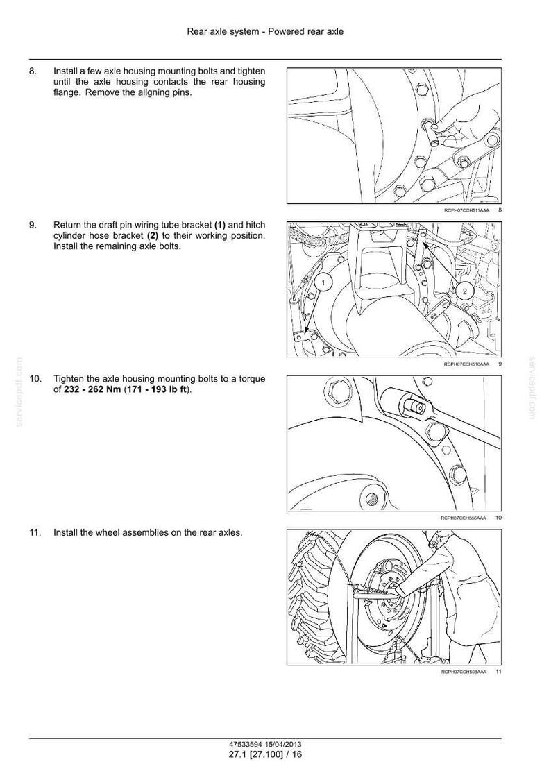 May include: Diagram of a rear axle system with instructions. Steps include installing bolts, returning brackets, and tightening to a torque of 171-193 lb ft. The final step shows installing wheel assemblies.