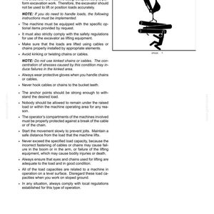 May include: Safety information page with the title "Safety Precautions (Movement of loads)". The page includes a list of procedures for safely lifting loads, with a diagram of a person lifting a load with a crane.