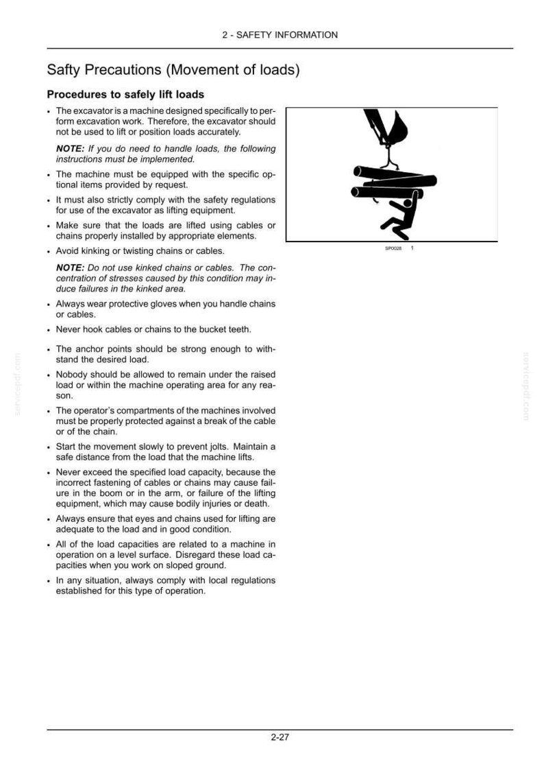 May include: Safety information page with the title "Safety Precautions (Movement of loads)". The page includes a list of procedures for safely lifting loads, with a diagram of a person lifting a load with a crane.