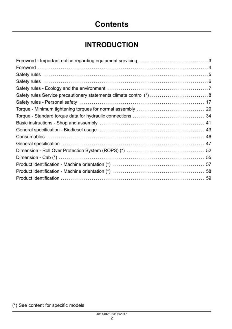 May include: A white document page with the title "Contents" and "INTRODUCTION" in bold black text. The document lists various topics, including safety rules, torque, and product identification. The date 23/06/2017 is at the bottom.