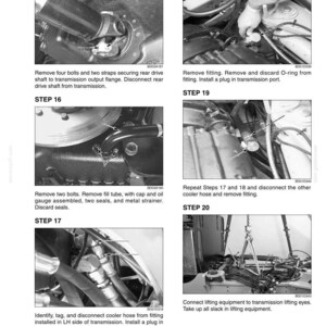 May include: A technical manual page labeled 6001-5 featuring six black and white instructional photographs for vehicle maintenance. The images detail steps 15 through 20, showing mechanical components, hoses, fittings, and lifting equipment for a transmission.