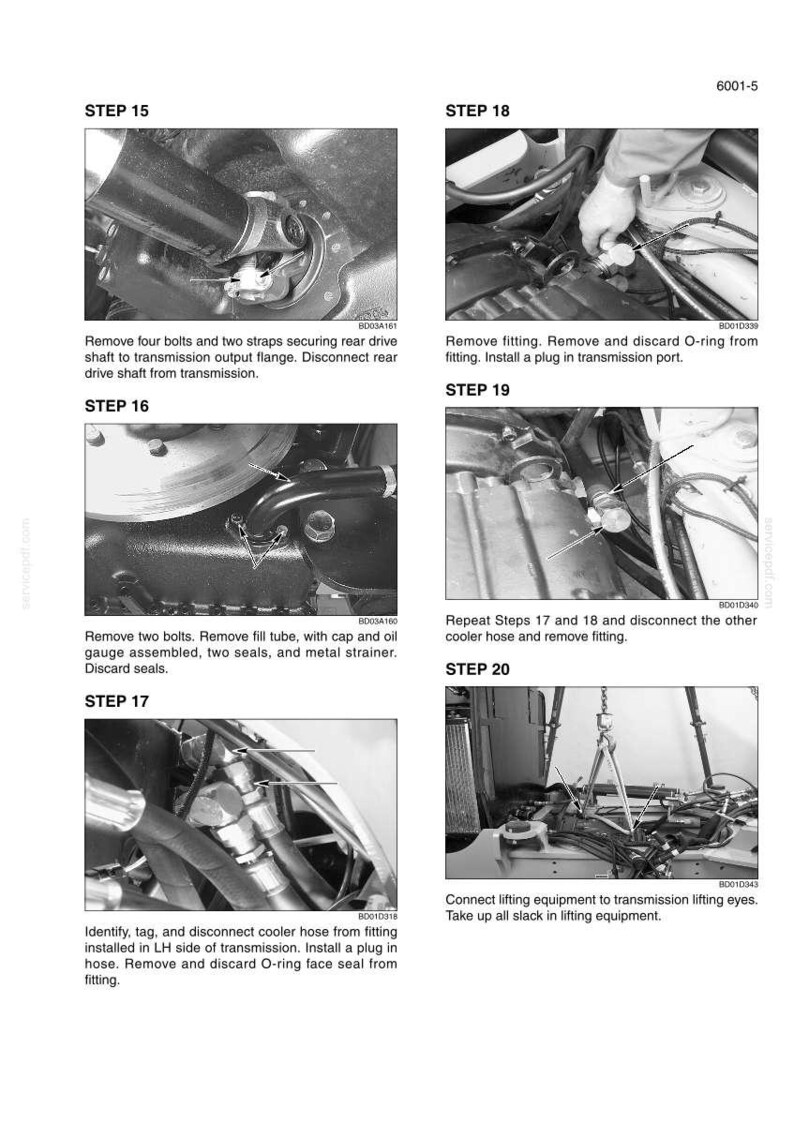 May include: A technical manual page labeled 6001-5 featuring six black and white instructional photographs for vehicle maintenance. The images detail steps 15 through 20, showing mechanical components, hoses, fittings, and lifting equipment for a transmission.