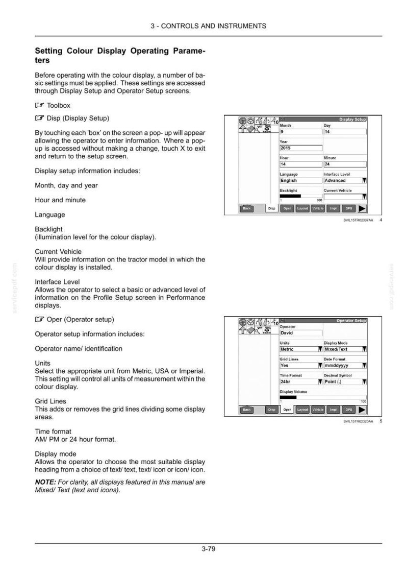 May include: A technical manual page titled 3-CONTROLS AND INSTRUMENTS detailing tractor display settings. It includes text instructions and two screen captures labeled Display Setup and Operator Setup showing fields for date, time, and units.