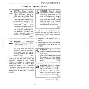 Op de afbeelding: Een witte pagina met zwarte tekst met bedieningsinstructies en veiligheidswaarschuwingen voor een machine. De tekst bevat waarschuwingen over startprocedures, veiligheidsgordels en machinebediening. De pagina komt uit een servicehandleiding.