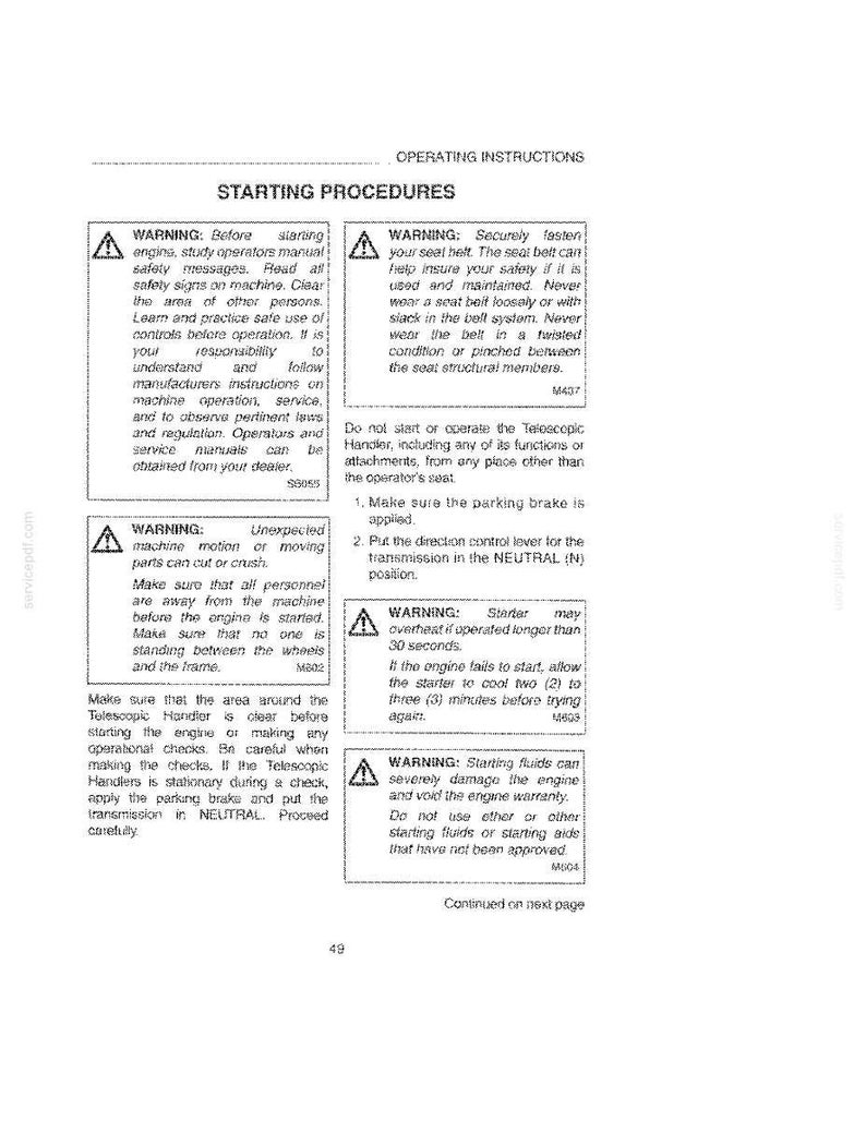 Op de afbeelding: Een witte pagina met zwarte tekst met bedieningsinstructies en veiligheidswaarschuwingen voor een machine. De tekst bevat waarschuwingen over startprocedures, veiligheidsgordels en machinebediening. De pagina komt uit een servicehandleiding.