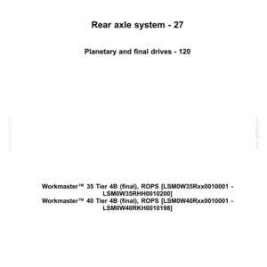 May include: A white document featuring the "NEW HOLLAND AGRICULTURE" logo. It details "Rear axle system - 27" and "Planetary and final drives - 120". Specifications are listed for Workmaster 35 and 40 Tier 4B models.