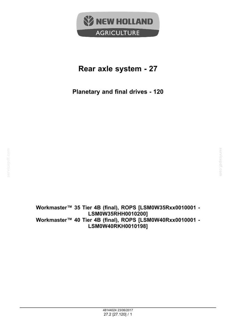 May include: A white document featuring the "NEW HOLLAND AGRICULTURE" logo. It details "Rear axle system - 27" and "Planetary and final drives - 120". Specifications are listed for Workmaster 35 and 40 Tier 4B models.