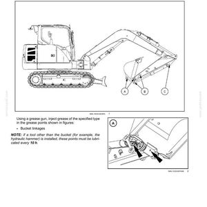 Puede incluir: Diagrama de un cuchar&oacute;n de retroexcavadora con puntos de engrase etiquetados A, B y C. La imagen incluye un primer plano de un punto de engrase e instrucciones de lubricaci&oacute;n.