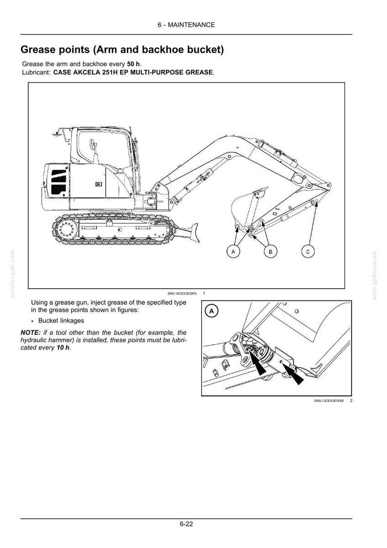 Puede incluir: Diagrama de un cuchar&oacute;n de retroexcavadora con puntos de engrase etiquetados A, B y C. La imagen incluye un primer plano de un punto de engrase e instrucciones de lubricaci&oacute;n.