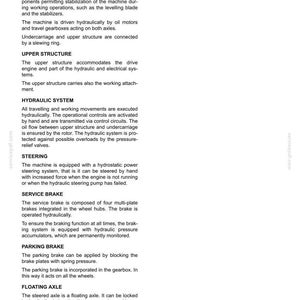 Pu&ograve; includere: Una pagina di un manuale tecnico, "SEZIONE 1", che descrive il sottocarro, la sovrastruttura, l'impianto idraulico, lo sterzo, il freno di servizio, il freno di stazionamento e l'assale flottante di un escavatore idraulico.