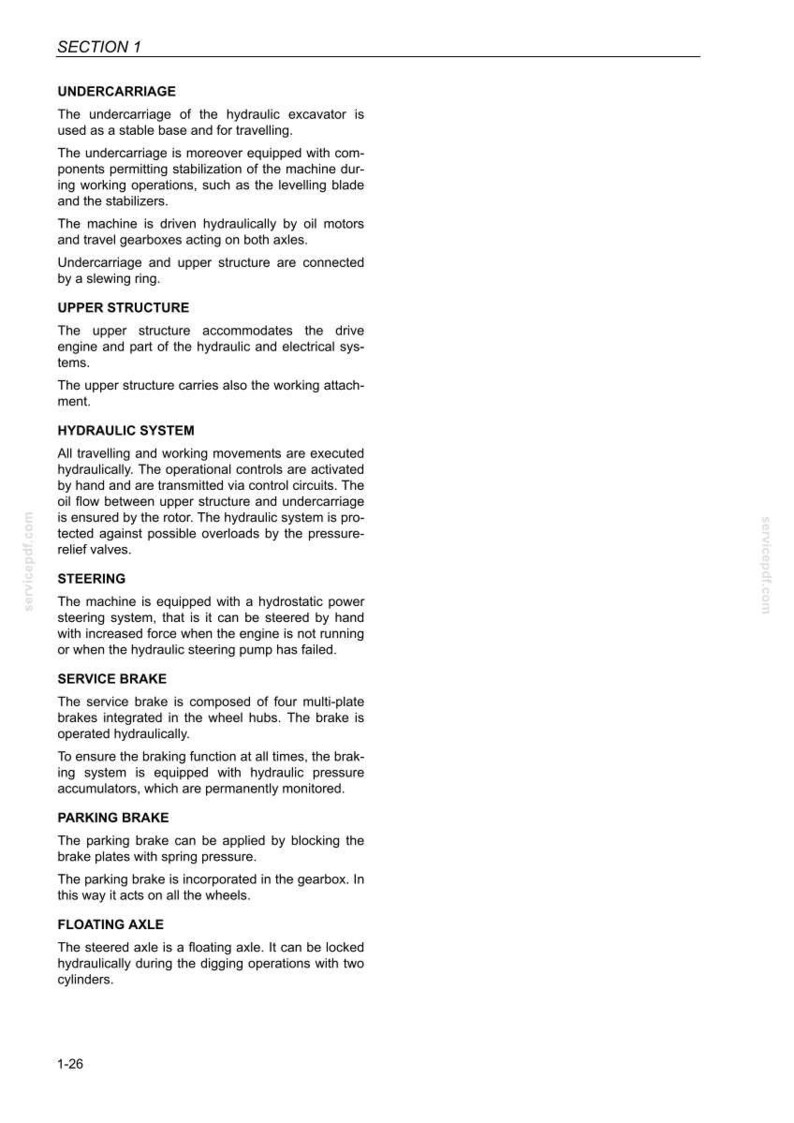 Pu&ograve; includere: Una pagina di un manuale tecnico, "SEZIONE 1", che descrive il sottocarro, la sovrastruttura, l'impianto idraulico, lo sterzo, il freno di servizio, il freno di stazionamento e l'assale flottante di un escavatore idraulico.