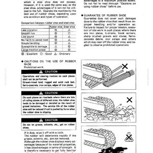 May include: A technical manual page titled OPERATION, CAUTION ON USING RUBBER SHOES, detailing maintenance and usage guidelines for rubber tracks on machinery. It includes a comparison table, safety warnings, and illustrations showing prohibited operations.