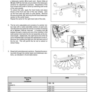 May include: Diagram of front wheel adjustment procedures, including a hollow center beam, telescopic sections, and tie rod. Includes measurements in millimeters and inches, and a table of securing bolt locations.