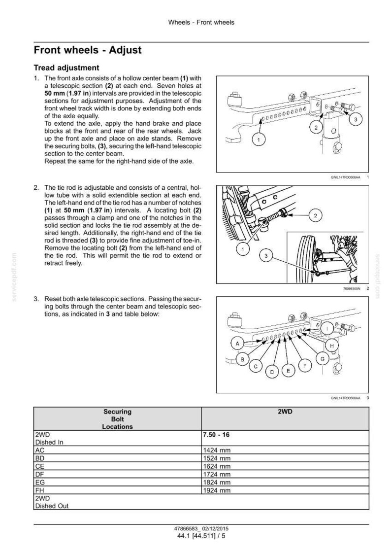 May include: Diagram of front wheel adjustment procedures, including a hollow center beam, telescopic sections, and tie rod. Includes measurements in millimeters and inches, and a table of securing bolt locations.