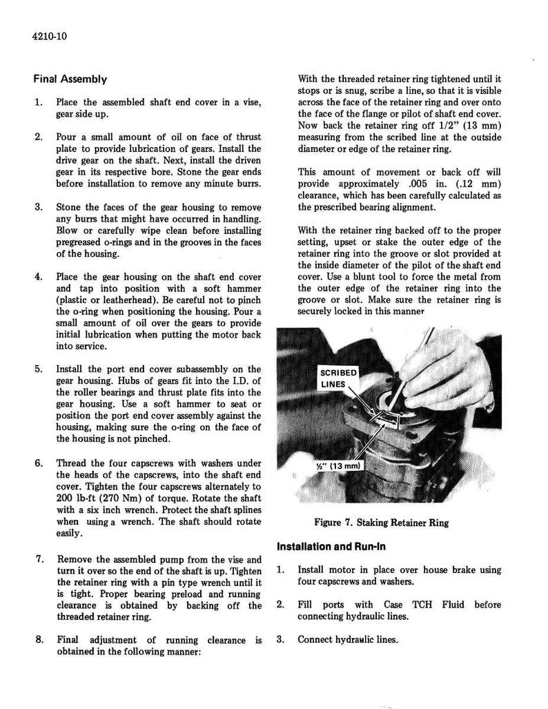 May include: Technical diagram with instructions for assembling a mechanical component. The image includes text, diagrams, and measurements in inches and millimeters. The text describes the final assembly process, including steps for installing and securing various parts.