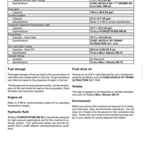 May include: A detailed specifications sheet for fluids and lubricants, including engine oil, hydraulic fluid, and grease. The sheet lists capacities in US quarts and gallons, and includes brand names and product codes.