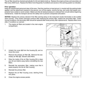 May include: Diagram of engine air filter maintenance, including steps for filter replacement. The image shows numbered components and instructions for unlatching covers, removing filters, and reinstalling parts. Text includes safety warnings.