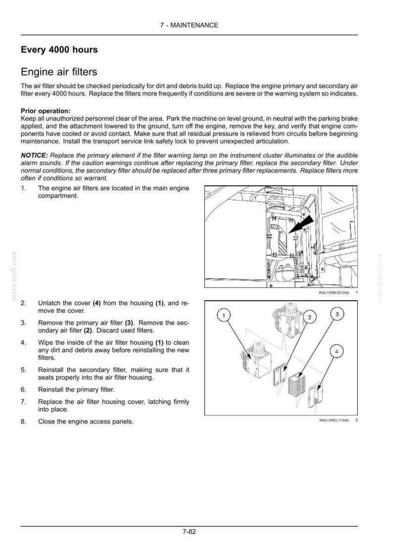 May include: Diagram of engine air filter maintenance, including steps for filter replacement. The image shows numbered components and instructions for unlatching covers, removing filters, and reinstalling parts. Text includes safety warnings.