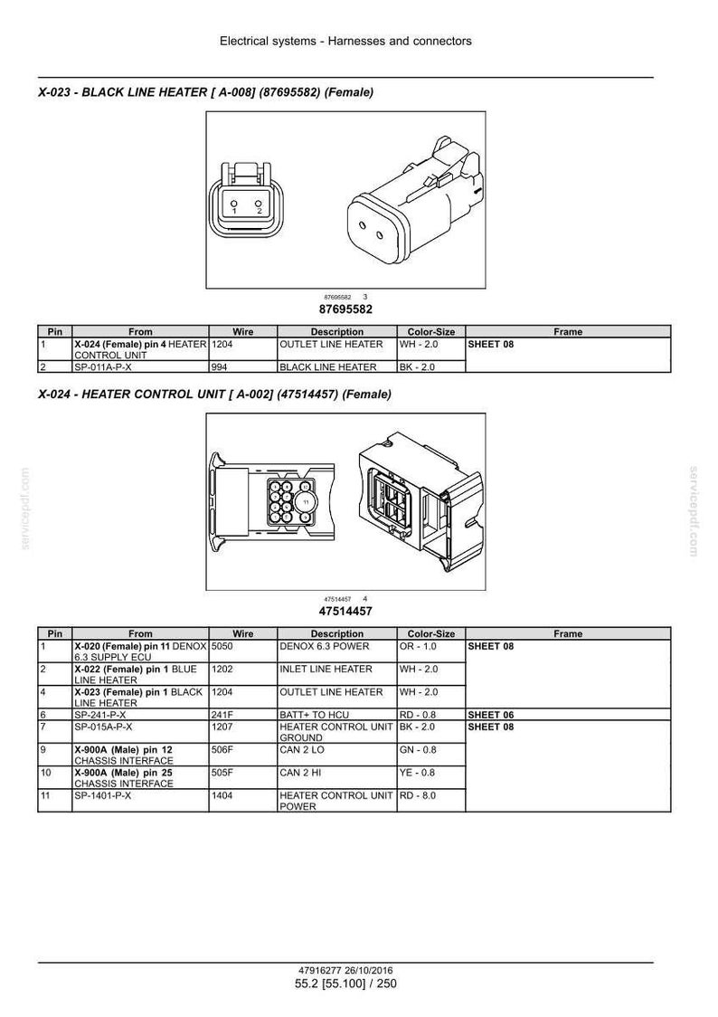 May include: Diagram of electrical connectors and wiring, labeled with part numbers and descriptions. Includes images of the connectors and a table with pin, wire, and color-size information. The text includes "Electrical systems - Harnesses and connectors."