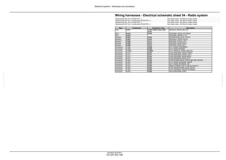 May include: A white document with the title "Wiring harnesses - Electrical schematic sheet 54 - Radio system." The document contains a table with columns for type, component, connector link, and description. The document is for electrical systems.