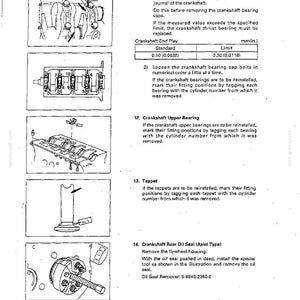 May include: A technical manual page titled Engine Assembly 1 featuring black and white line drawings of engine components including crankshaft bearing caps, tappets, and an oil seal remover tool with text instructions and a crankshaft end play table.