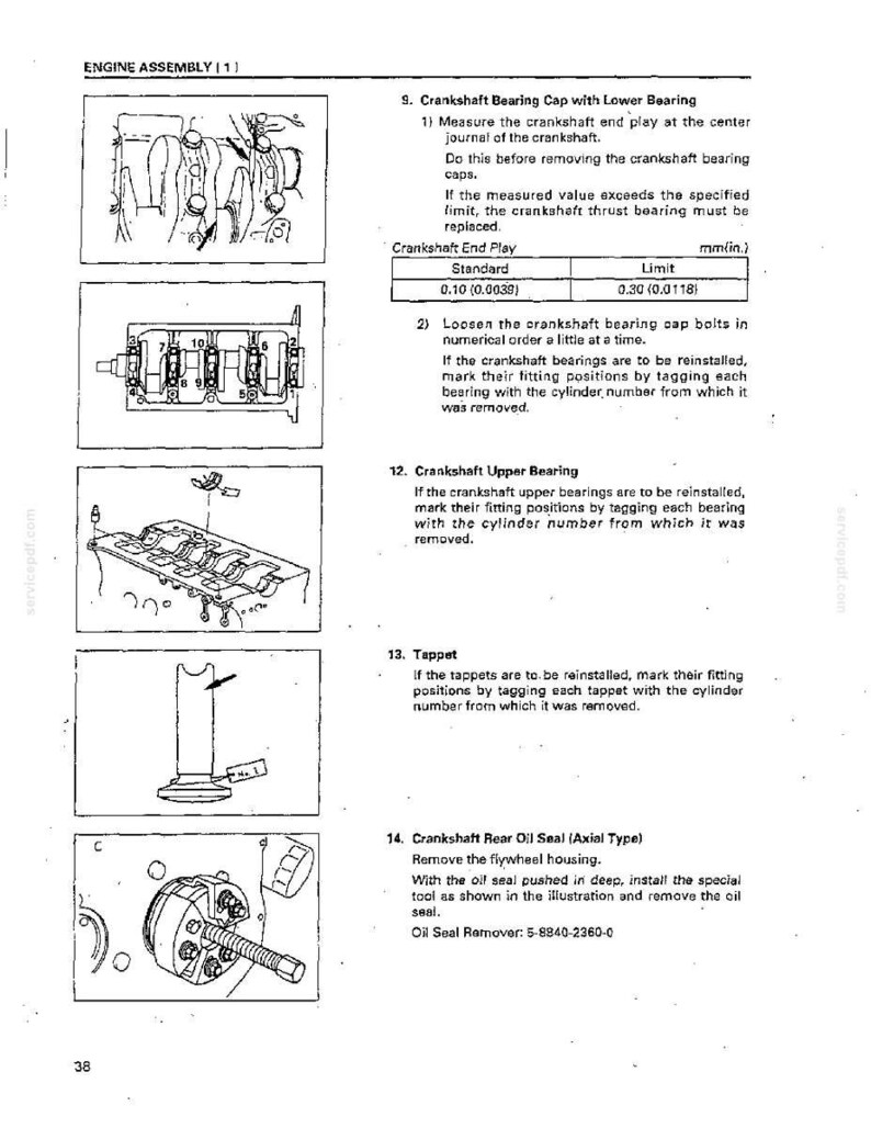 May include: A technical manual page titled Engine Assembly 1 featuring black and white line drawings of engine components including crankshaft bearing caps, tappets, and an oil seal remover tool with text instructions and a crankshaft end play table.