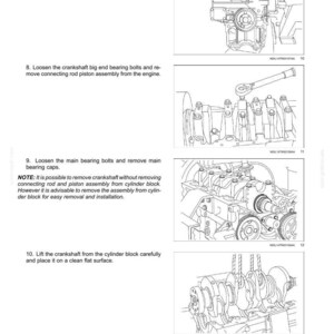 Op de afbeelding: Diagram van motoronderdelen, waaronder een krukas en vliegwiel. De afbeelding toont demontagestappen, waaronder het verwijderen van de distributiedeksel, cilinderkop en het losdraaien van bouten. Tekst bevat instructies.
