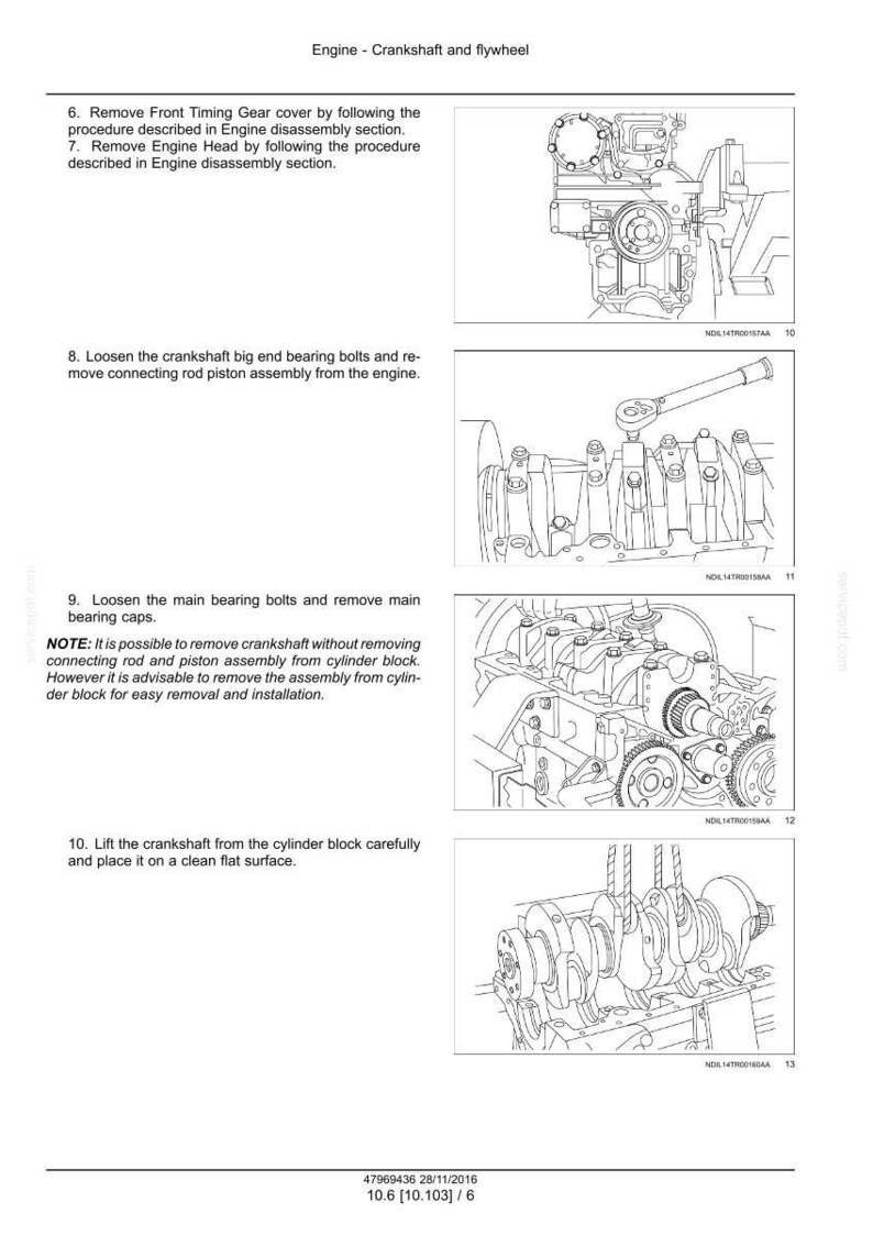 Op de afbeelding: Diagram van motoronderdelen, waaronder een krukas en vliegwiel. De afbeelding toont demontagestappen, waaronder het verwijderen van de distributiedeksel, cilinderkop en het losdraaien van bouten. Tekst bevat instructies.