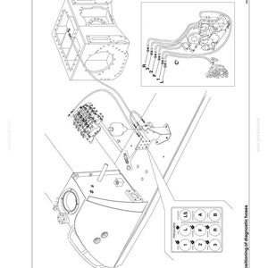 May include: Diagram of diagnostic hoses positioning, with the text "BRAKES AND STEERING" and "POSITIONING OF DIAGNOSTIC HOSES". The image includes detailed illustrations of mechanical components, hoses, and a control panel with labels.