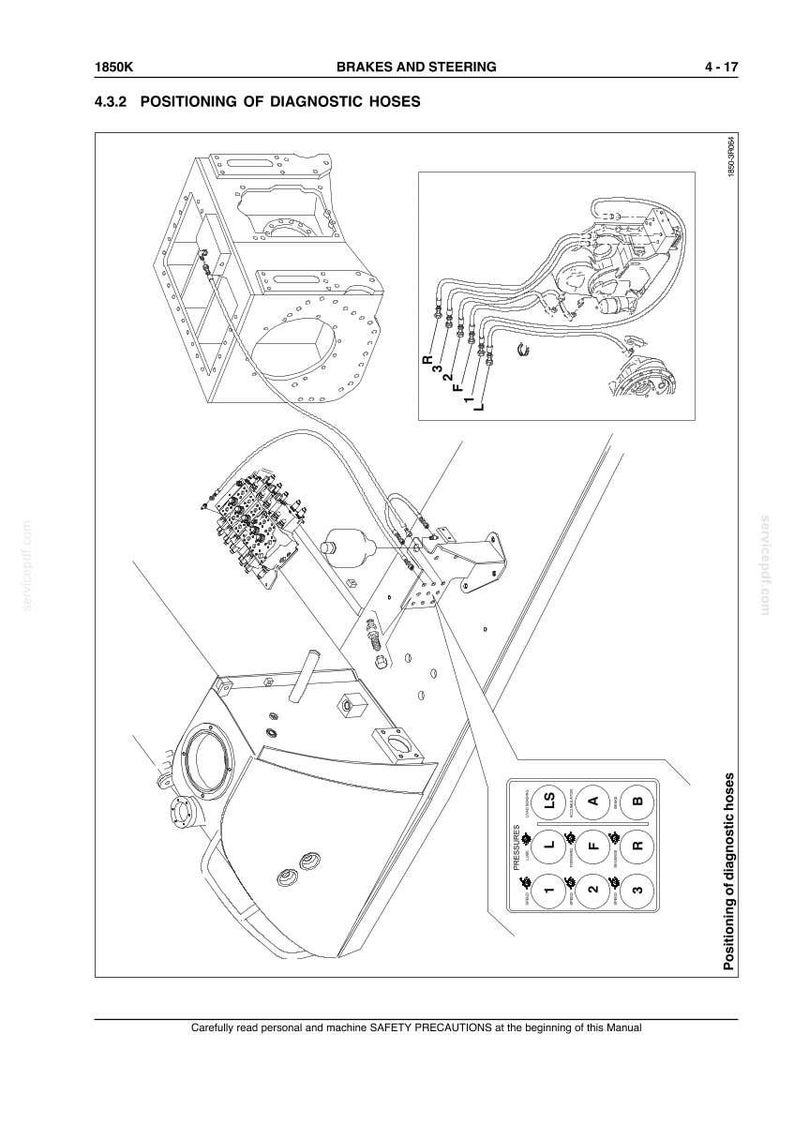 May include: Diagram of diagnostic hoses positioning, with the text "BRAKES AND STEERING" and "POSITIONING OF DIAGNOSTIC HOSES". The image includes detailed illustrations of mechanical components, hoses, and a control panel with labels.