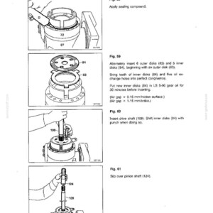 May include: Technical handbook page with diagrams and instructions for mechanical assembly. Figures 58-61 detail steps like applying sealing compound, inserting disks, and inserting a drive shaft. Text includes measurements in millimeters.