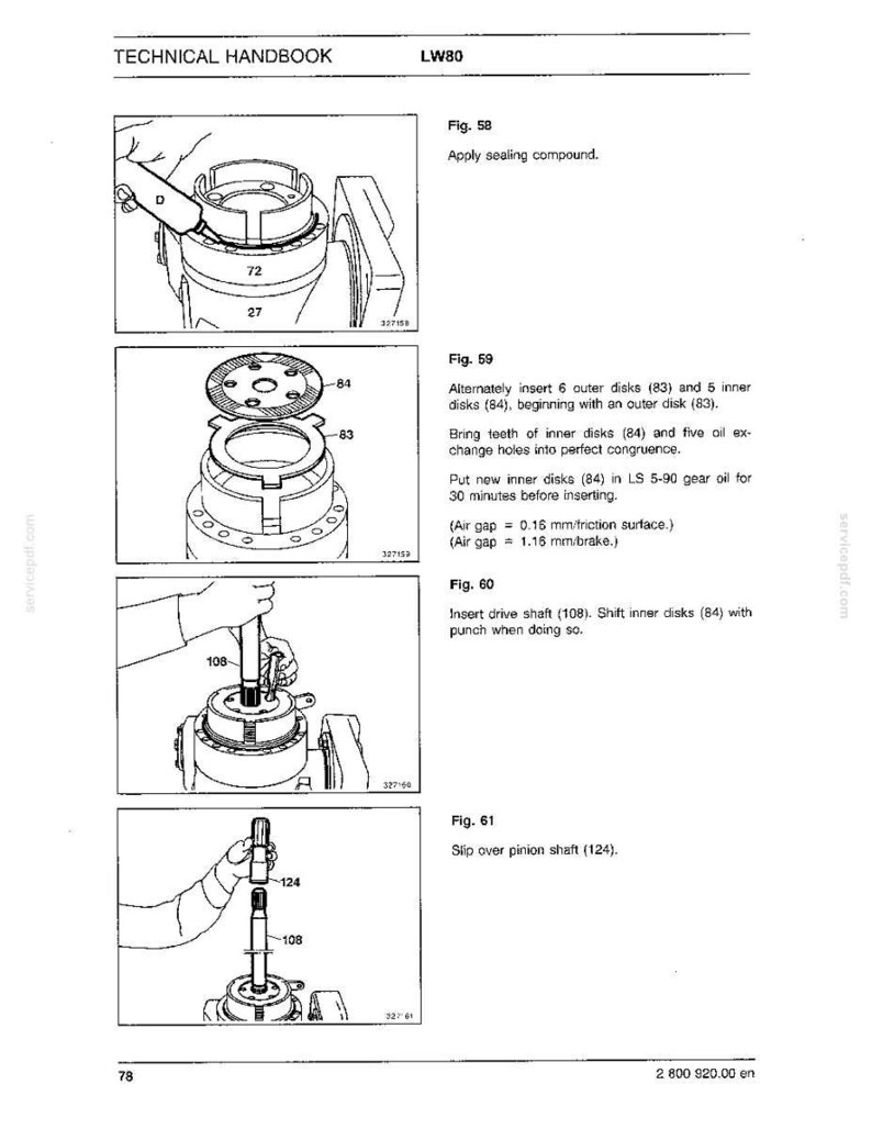 May include: Technical handbook page with diagrams and instructions for mechanical assembly. Figures 58-61 detail steps like applying sealing compound, inserting disks, and inserting a drive shaft. Text includes measurements in millimeters.