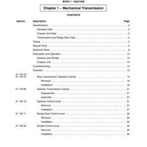 May include: A page from a manual titled "SECTION 21 - TRANSMISSIONS" with a table of contents. The table lists sections such as "Specifications," "Torque," and "Gearbox Control Lever," with corresponding page numbers. The book's number is 84241669.