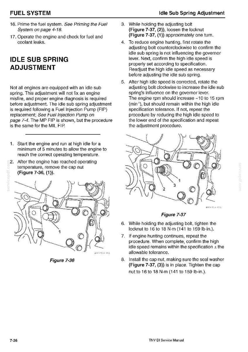 May include: Diagram of an engine component with labels and instructions for idle sub spring adjustment. Includes figures 7-36 and 7-37, with steps for loosening and tightening bolts, and checking engine speed. Text includes "Fuel System" and "Idle Sub Spring Adjustment."