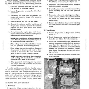 May include: A page from a manual detailing electrical system checks and generator installation. The text includes instructions, diagrams, and notes. The image shows a diagram of a generator with labels like "Adjusting Arm Bolt" and "Generator Mounting Bolts".