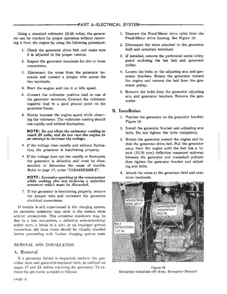 May include: A page from a manual detailing electrical system checks and generator installation. The text includes instructions, diagrams, and notes. The image shows a diagram of a generator with labels like "Adjusting Arm Bolt" and "Generator Mounting Bolts".