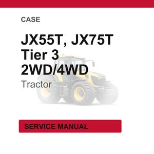 K&ouml;nnte beinhalten: Bild eines CASE JX55T, JX75T Tier 3 2WD/4WD Traktors. Der Traktor ist gelb und schwarz. Das Bild enth&auml;lt auch die W&ouml;rter "CASE", "Tractor" und "SERVICE MANUAL" in roter und schwarzer Schrift.