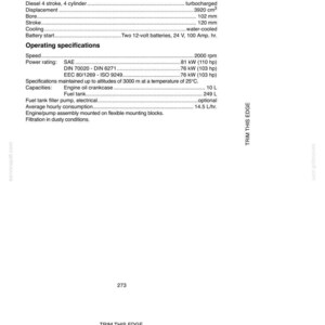 May include: A detailed technical specification sheet for an engine, featuring text and data points. Key details include engine type, displacement (3920 cm&sup3;), bore (102 mm), and stroke (120 mm). The sheet also lists operating specifications like speed (2000 rpm) and power rating.