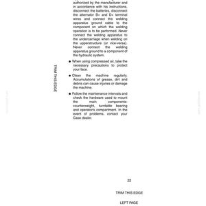 May include: A white page with the heading "SAFETY" and bulleted instructions for welding operations. Text includes safety precautions, such as disconnecting batteries and cleaning the machine. The text also includes the phrase "TRIM THIS EDGE".