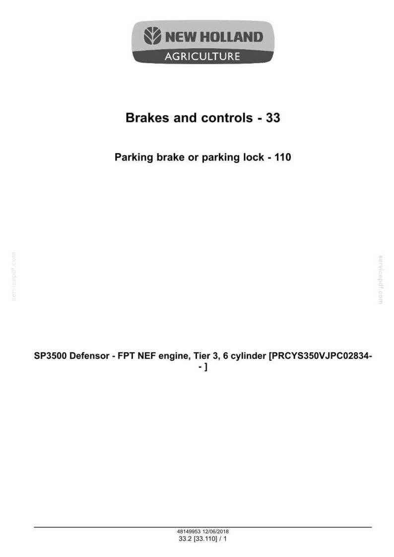 May include: A document featuring the New Holland Agriculture logo. It details "Brakes and controls - 33" and "Parking brake or parking lock - 110." Further text describes the SP3500 Defensor engine, including its specifications.