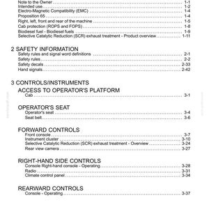Puede incluir: Una p&aacute;gina de documento en blanco y negro titulada Contents, que enumera secciones para General Information, Safety Information, Controls/Instruments y Operating Instructions para maquinaria, incluyendo los n&uacute;meros de p&aacute;gina para cada tema.