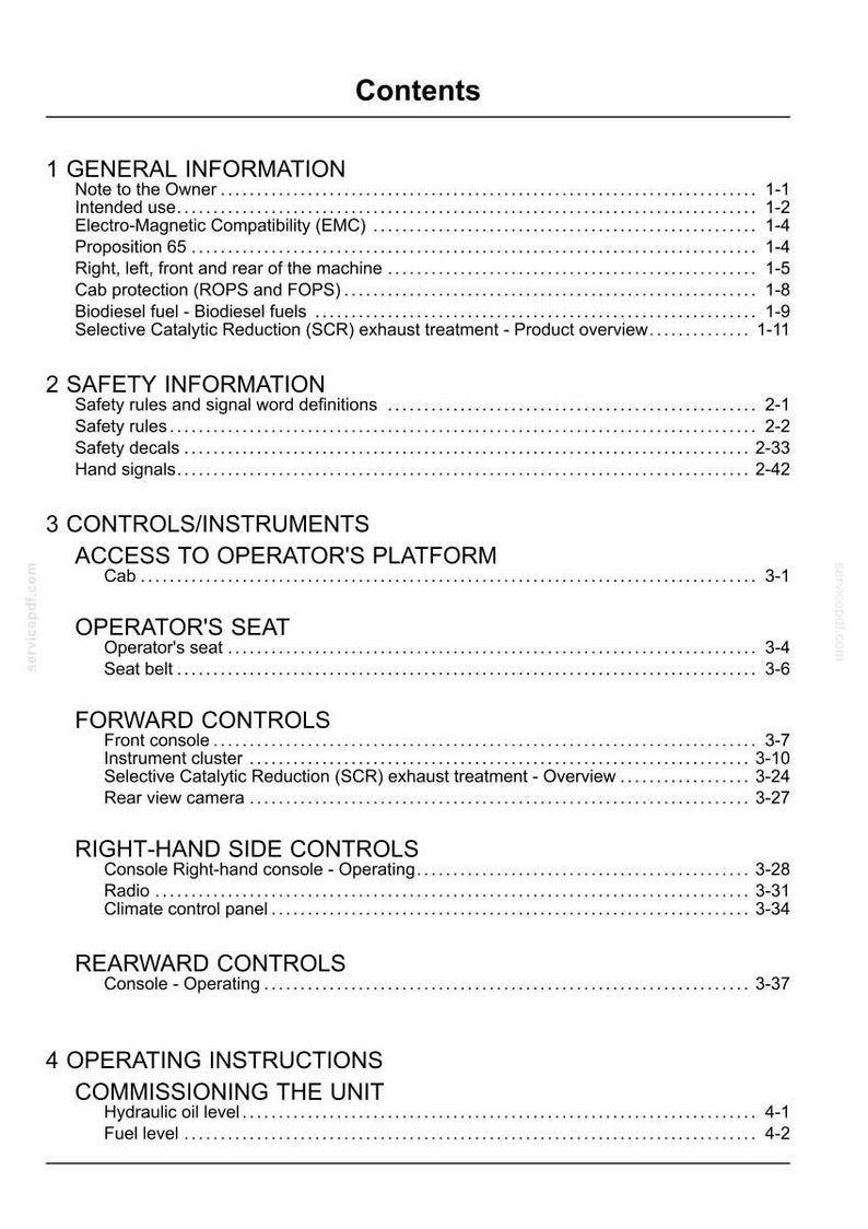 Puede incluir: Una p&aacute;gina de documento en blanco y negro titulada Contents, que enumera secciones para General Information, Safety Information, Controls/Instruments y Operating Instructions para maquinaria, incluyendo los n&uacute;meros de p&aacute;gina para cada tema.