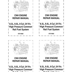 May include: Four identical rectangular labels for a CNH engine repair manual binder, each featuring a line drawing of an engine and the text: CNH ENGINE REPAIR MANUAL, 8.3L, 9.0L, 6 Cyl, 24 Vlv. High Pressure Common Rail Fuel System, 87515682.