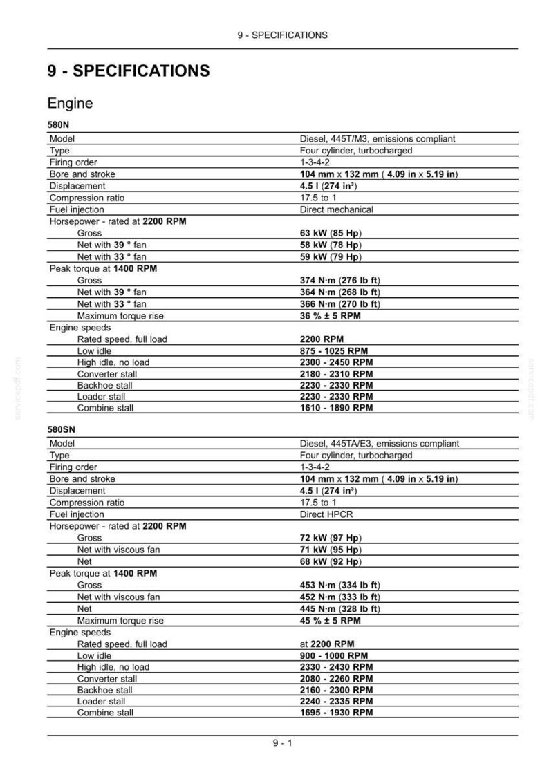 May include: Specifications table for 580N and 580SN engines, detailing model, type, firing order, bore and stroke (104 mm x 132 mm), displacement (4.5 l), compression ratio, fuel injection, horsepower, peak torque, and engine speeds.