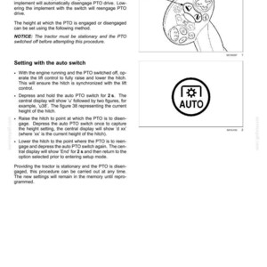 May include: A technical manual page titled 6-WORKING OPERATIONS detailing Auto PTO operation. It includes a diagram of a control handle with a switch labeled 1, and a circular icon featuring a gear symbol above the text AUTO.