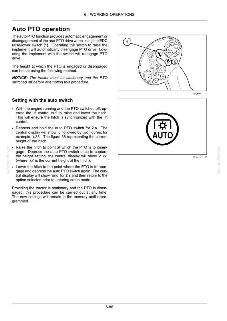 May include: A technical manual page titled 6-WORKING OPERATIONS detailing Auto PTO operation. It includes a diagram of a control handle with a switch labeled 1, and a circular icon featuring a gear symbol above the text AUTO.