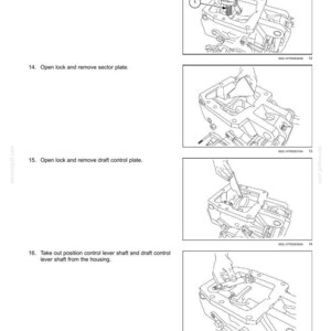 May include: Diagram of a hydraulic system's main lift system, with step-by-step instructions. The image shows the process of retrieving linkages, removing sector and draft control plates, and taking out the position control lever shaft.