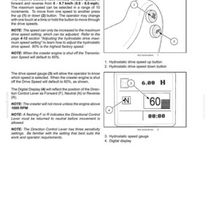 Puede incluir: Una p&aacute;gina de manual t&eacute;cnico titulada 4-OPERATING INSTRUCTIONS que detalla los controles de velocidad de transmisi&oacute;n hidrost&aacute;tica. Incluye dos diagramas: botones de subir y bajar numerados 1 y 2, y una pantalla digital con indicador 3 y pantalla 4.